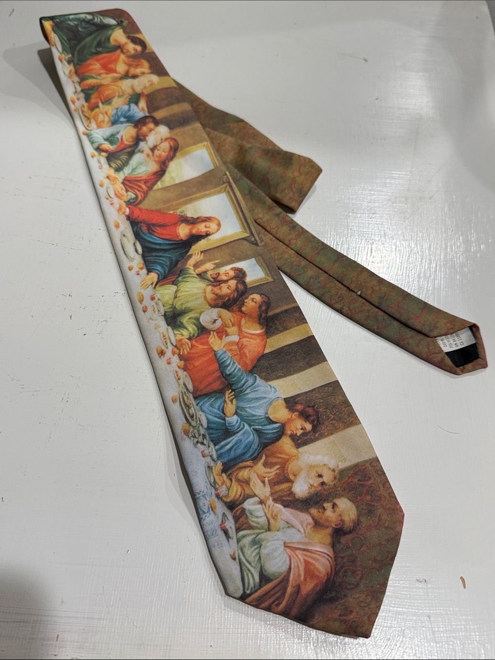 Classic Themed Neck Tie Vintage Multicolor Featuring The Last Supper Print 2001